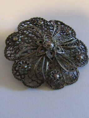 ANTIQUE STERLING SILVER Camellia Filigree Flower Brooch Signed 2311 Maker's Mark